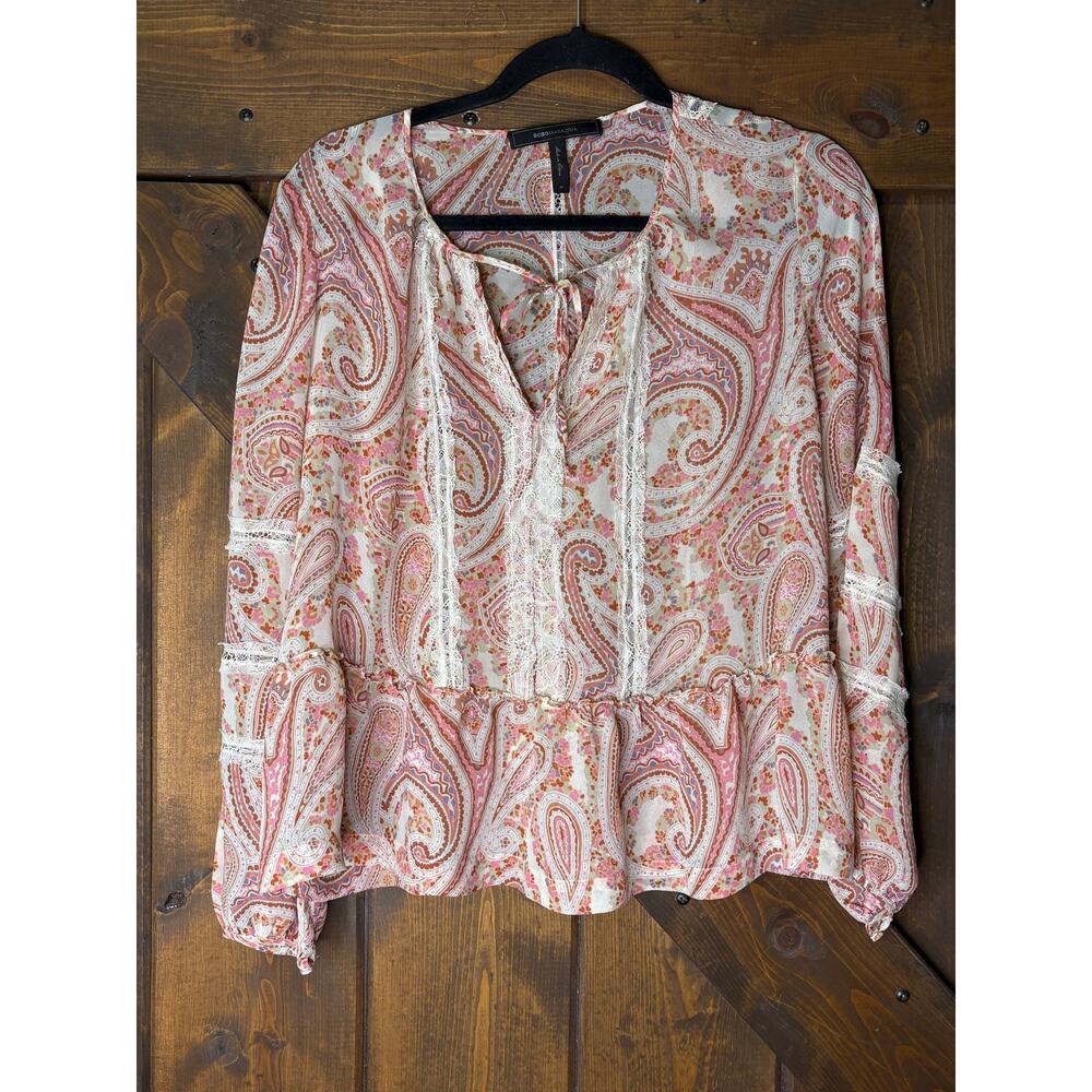 BCBG women’s medium PINK CLAY COMBO "CERISE" LACE PRINTED LONG SLEEVE SILK TOP
